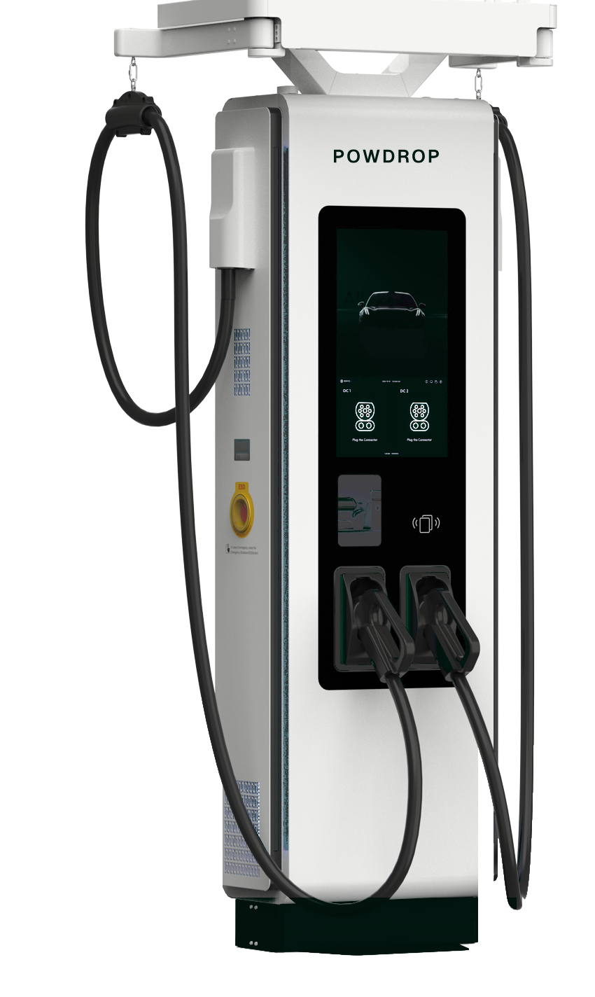 G3 dispenser for the EXP800K6, front view with the POWDROP wordmark, a large screen and two connectors