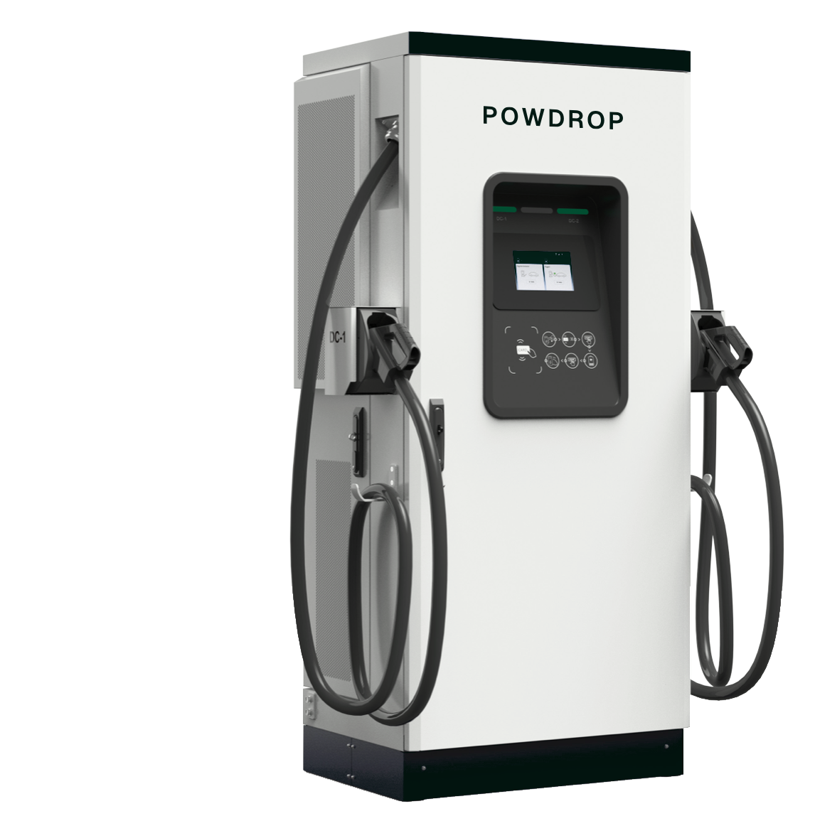 IDS fast DC charger with the POWDROP wordmark on the front, a screen and two charging cables